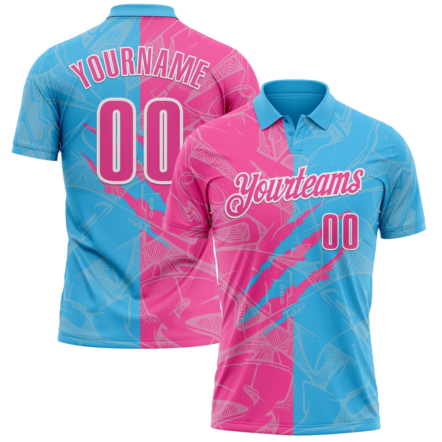 Custom Graffiti Pattern Pink Sky Blue-White 3D Scratch Performance Polo Shirt - Main View