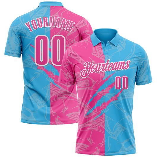 Custom Graffiti Pattern Pink Sky Blue-White 3D Scratch Performance Polo Shirt - Main View