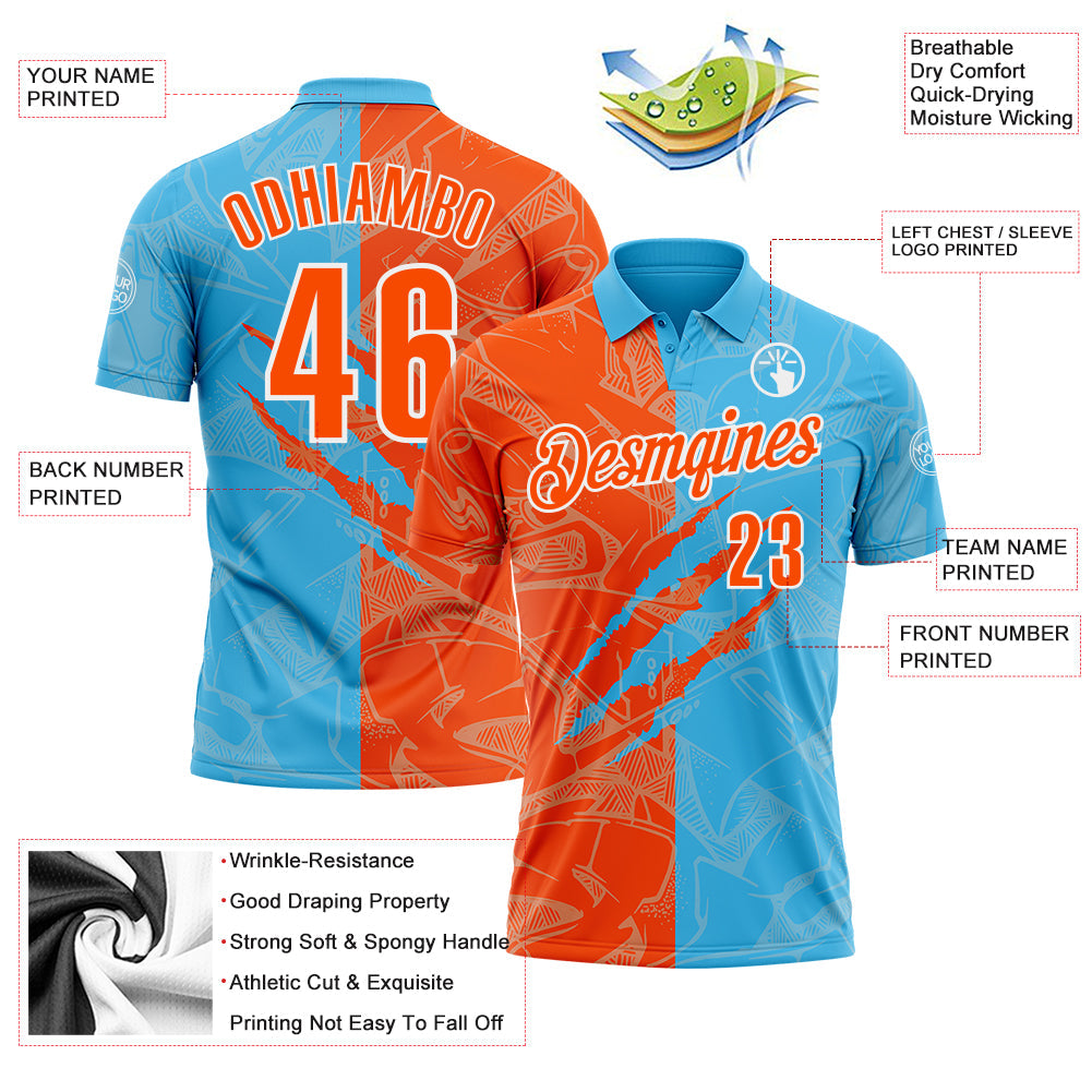 Custom Graffiti Pattern Orange Sky Blue-White 3D Scratch Performance Polo Shirt view 3