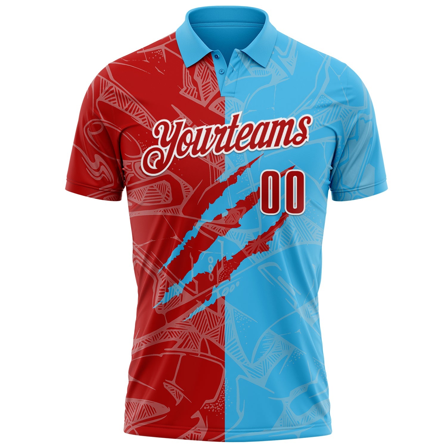 Custom Graffiti Pattern Red Sky Blue-White 3D Scratch Performance Polo Shirt view 2
