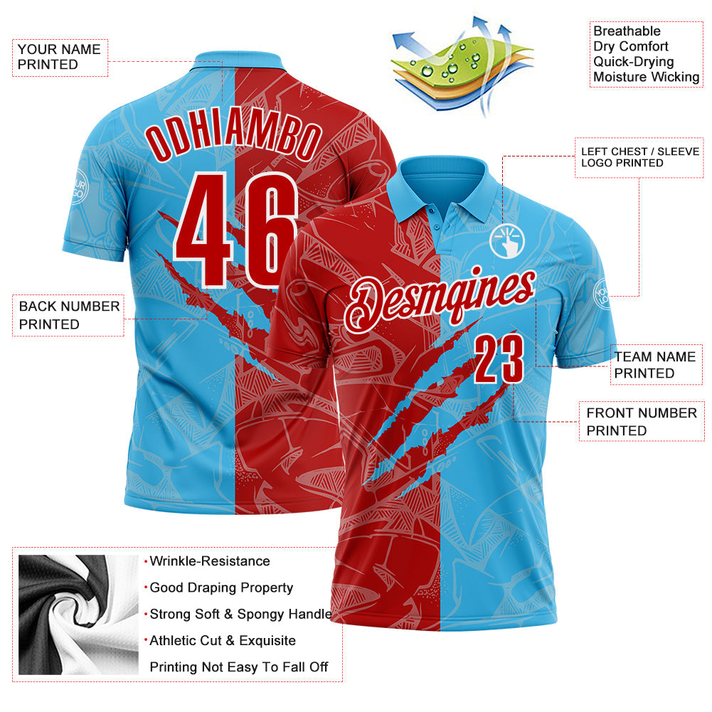 Custom Graffiti Pattern Red Sky Blue-White 3D Scratch Performance Polo Shirt view 3