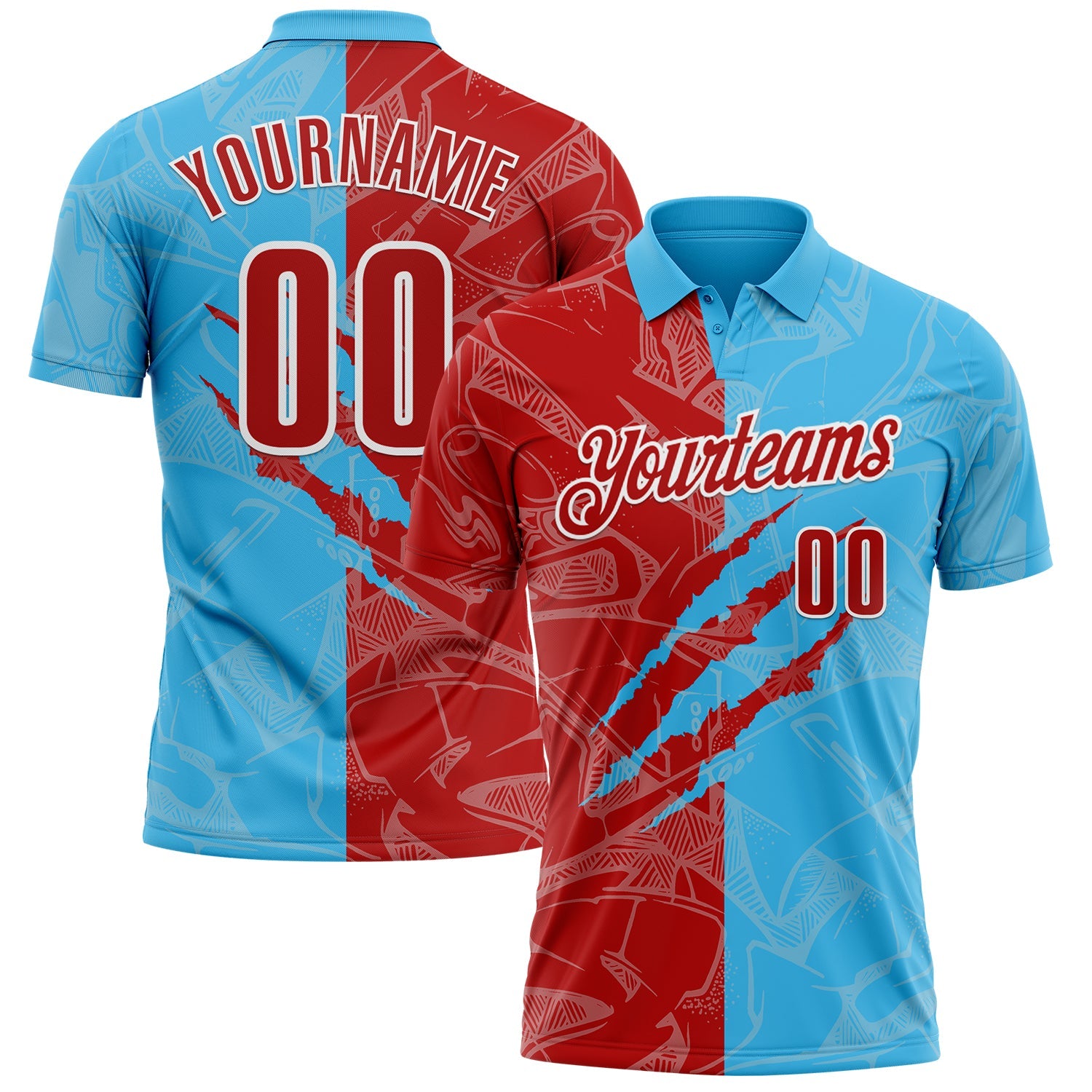 Custom Graffiti Pattern Red Sky Blue-White 3D Scratch Performance Polo Shirt - Main View