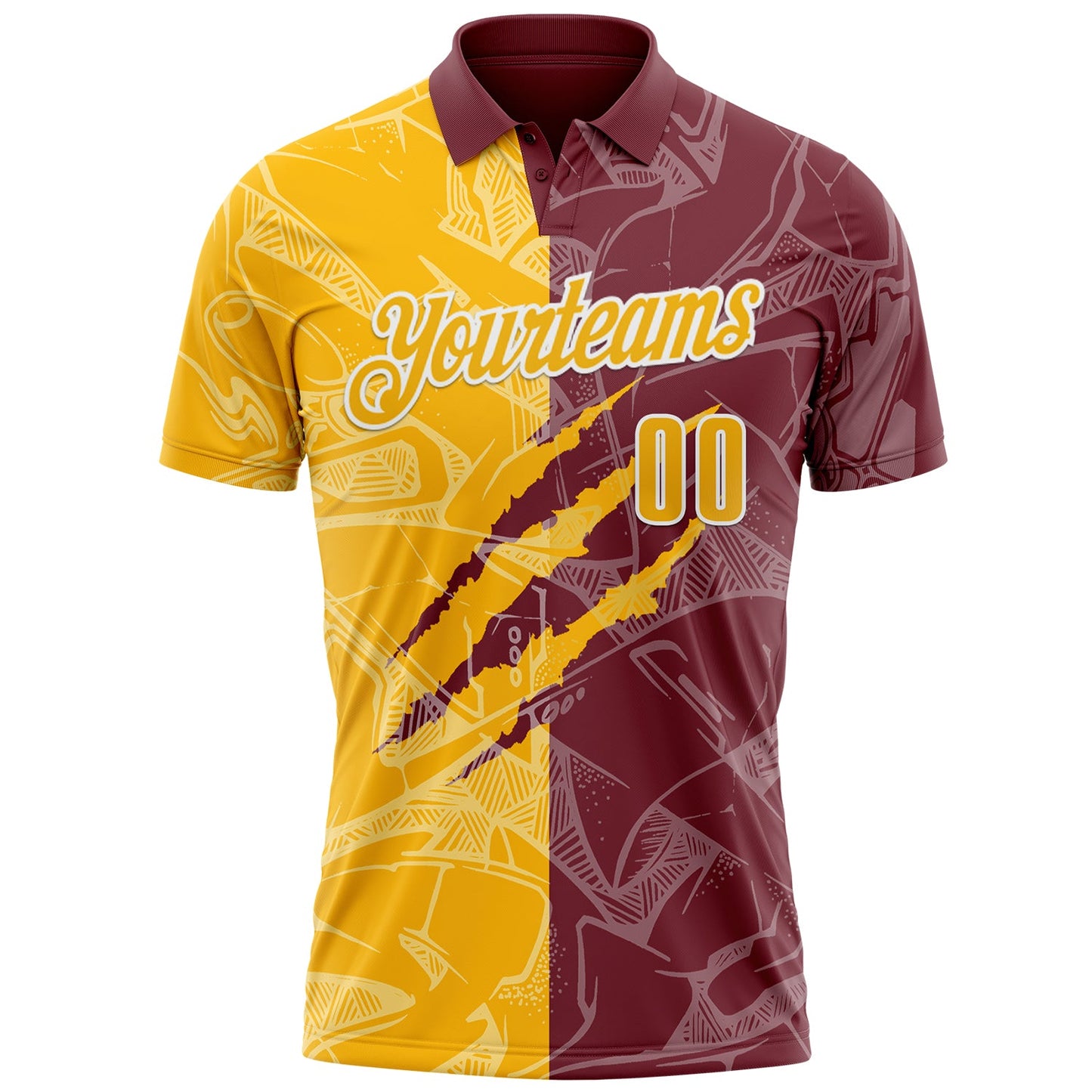 Custom Graffiti Pattern Gold Burgundy-White 3D Scratch Performance Polo Shirt view 2