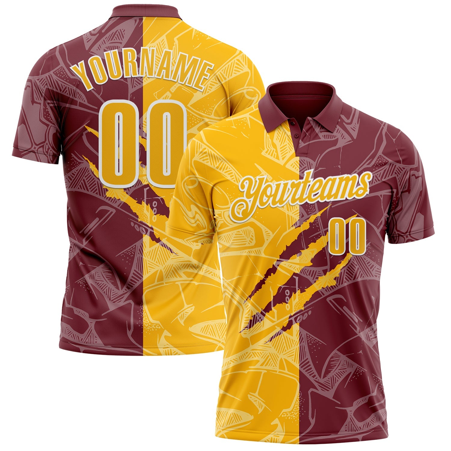 Custom Graffiti Pattern Gold Burgundy-White 3D Scratch Performance Polo Shirt - Main View