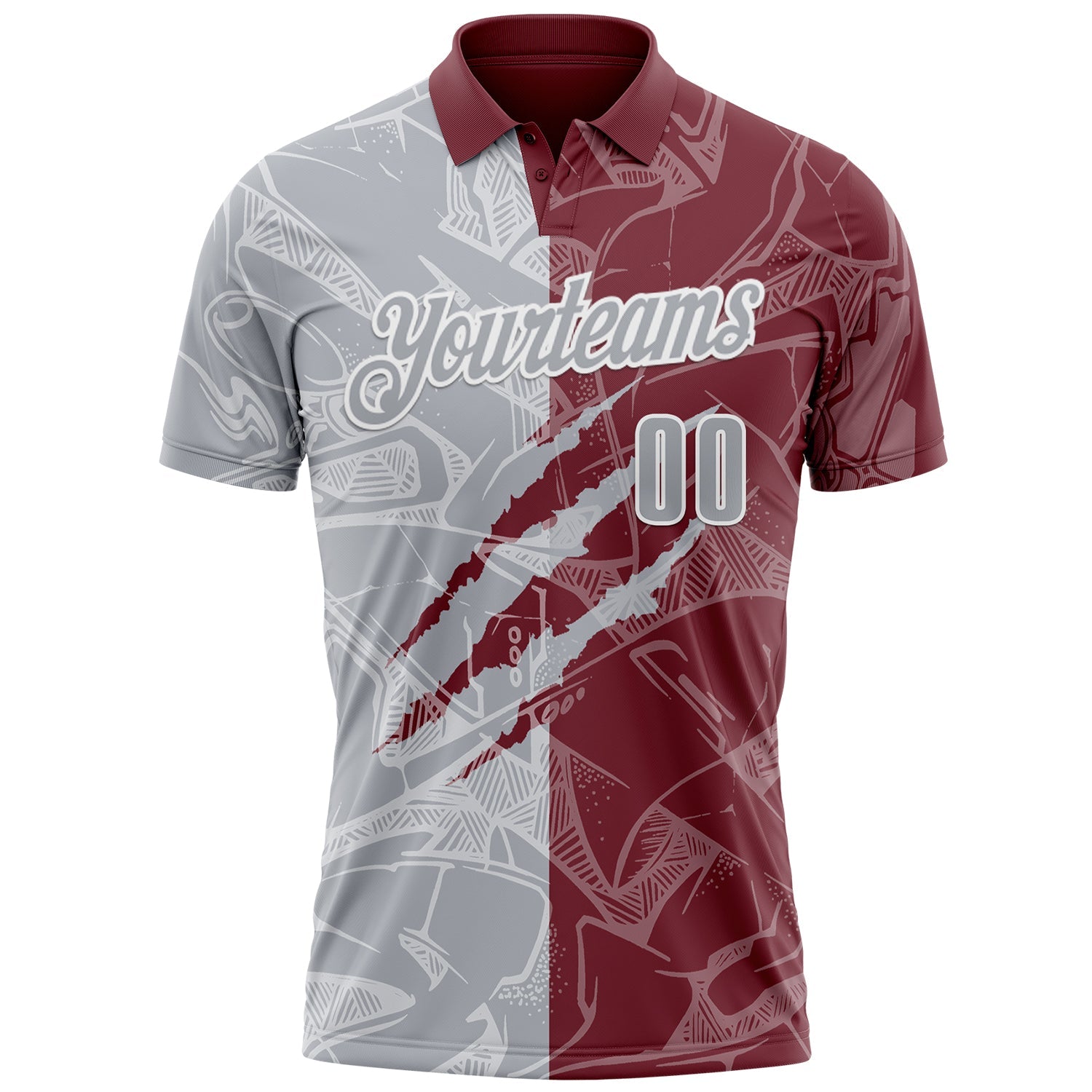 Custom Graffiti Pattern Gray Burgundy-White 3D Scratch Performance Polo Shirt view 2