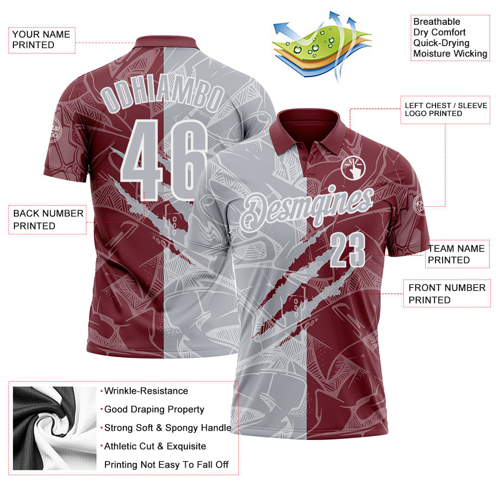 Custom Graffiti Pattern Gray Burgundy-White 3D Scratch Performance Polo Shirt view 3