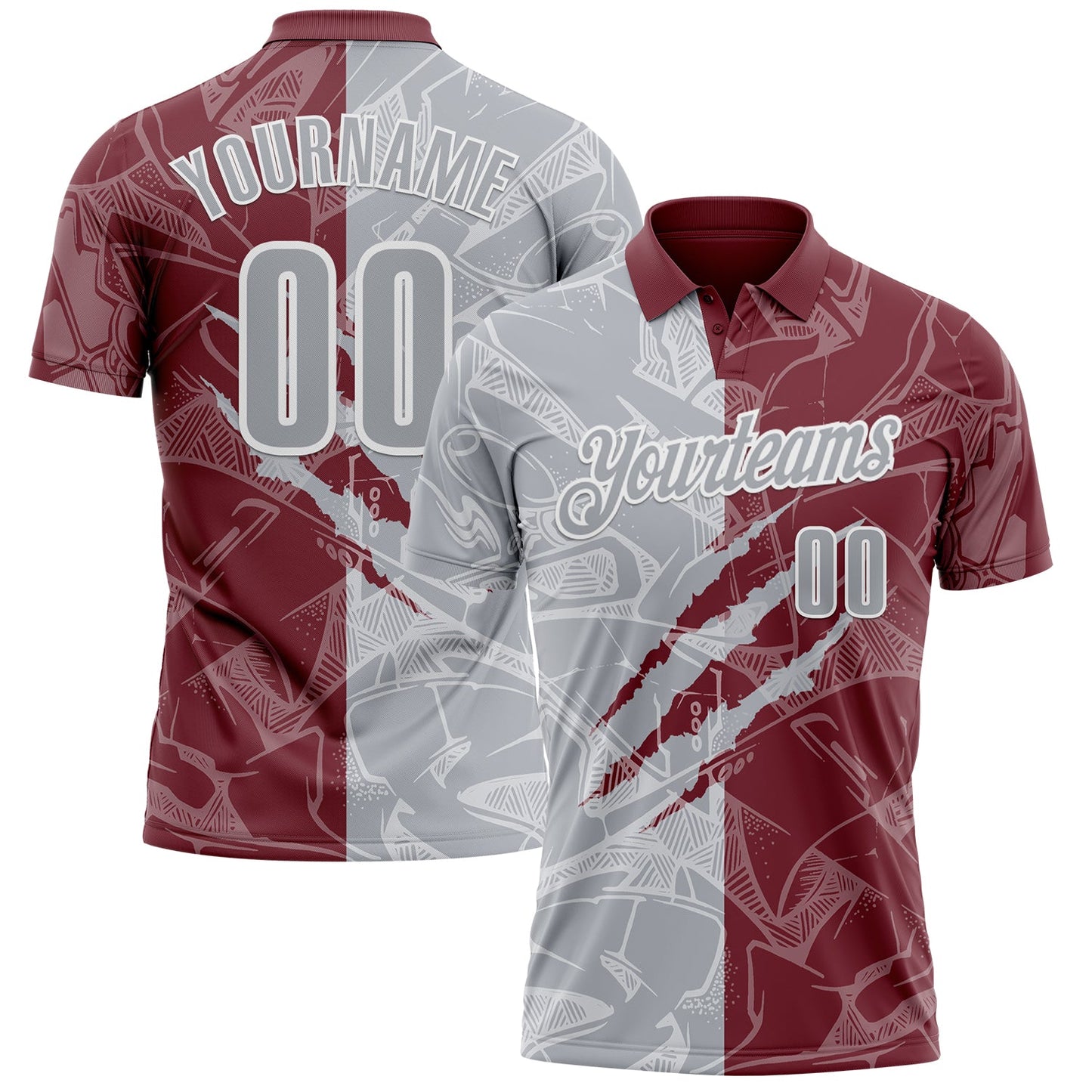 Custom Graffiti Pattern Gray Burgundy-White 3D Scratch Performance Polo Shirt - Main View
