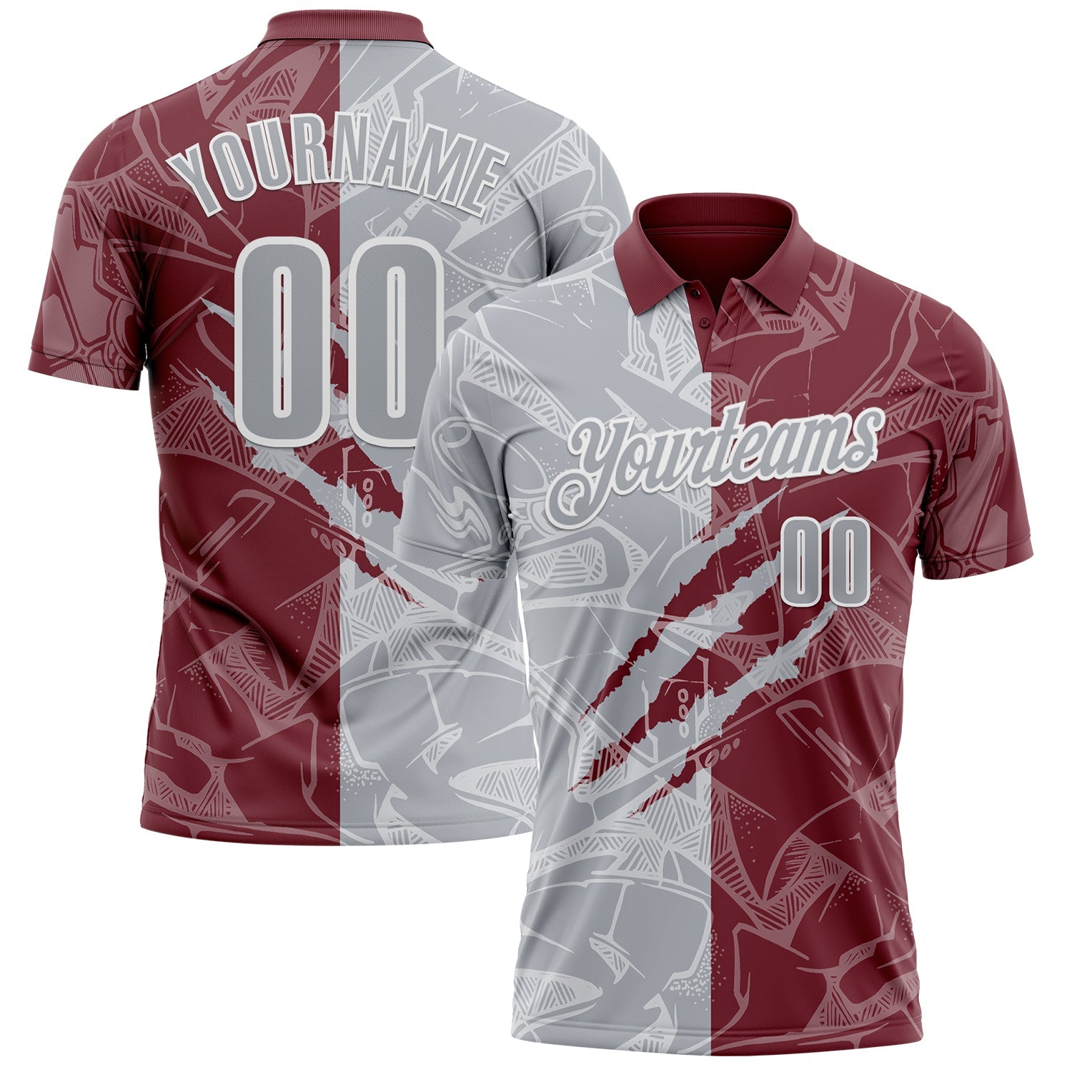 Custom Graffiti Pattern Gray Burgundy-White 3D Scratch Performance Polo Shirt - Main View