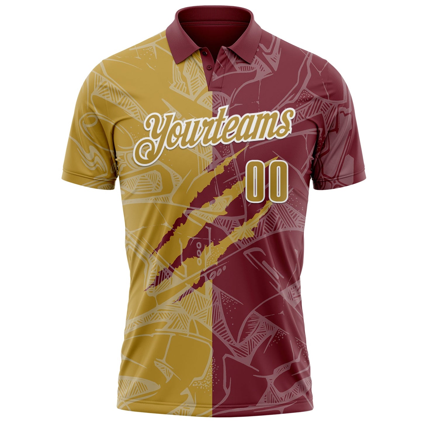 Custom Graffiti Pattern Old Gold Burgundy-White 3D Scratch Performance Polo Shirt view 2