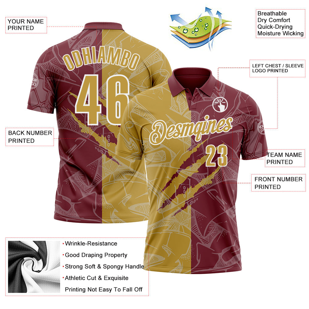 Custom Graffiti Pattern Old Gold Burgundy-White 3D Scratch Performance Polo Shirt view 3