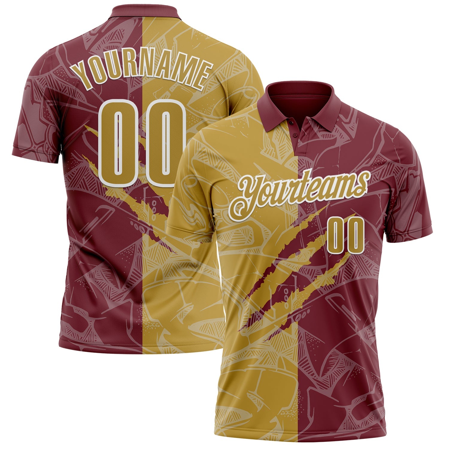 Custom Graffiti Pattern Old Gold Burgundy-White 3D Scratch Performance Polo Shirt - Main View
