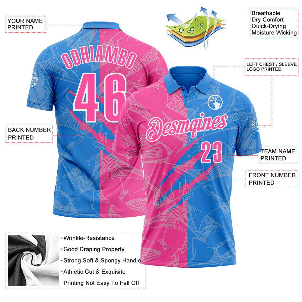 Custom Graffiti Pattern Pink Powder Blue-White 3D Scratch Performance Polo Shirt view 3