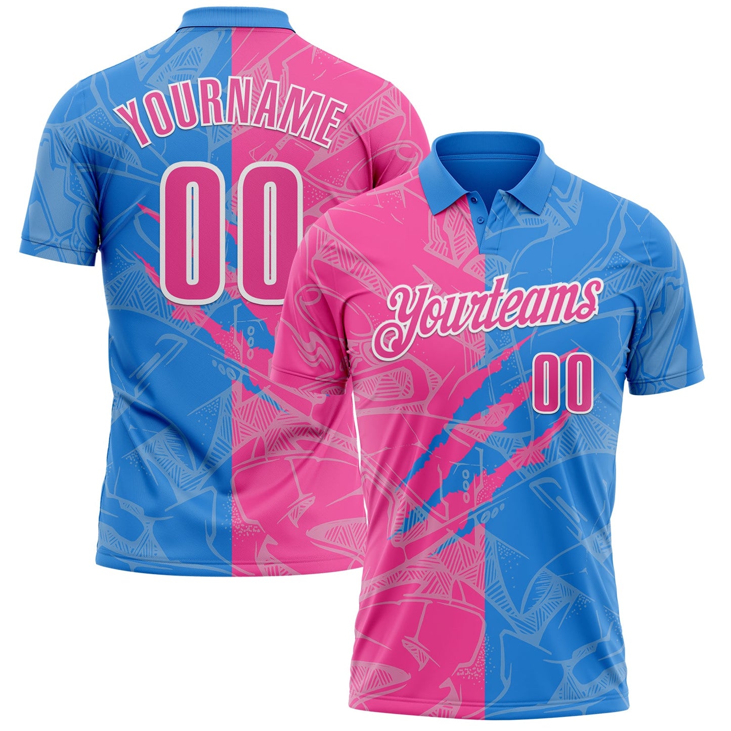Custom Graffiti Pattern Pink Powder Blue-White 3D Scratch Performance Polo Shirt - Main View
