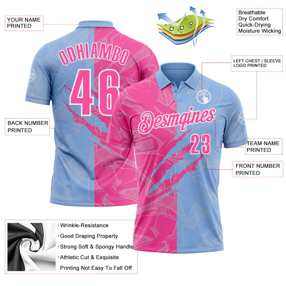 Custom Graffiti Pattern Pink Light Blue-White 3D Scratch Performance Polo Shirt view 3