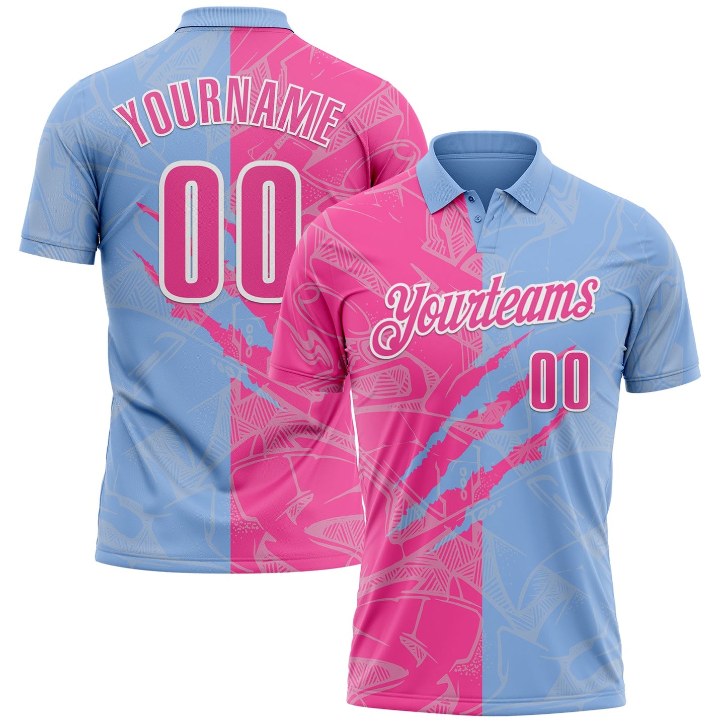 Custom Graffiti Pattern Pink Light Blue-White 3D Scratch Performance Polo Shirt - Main View