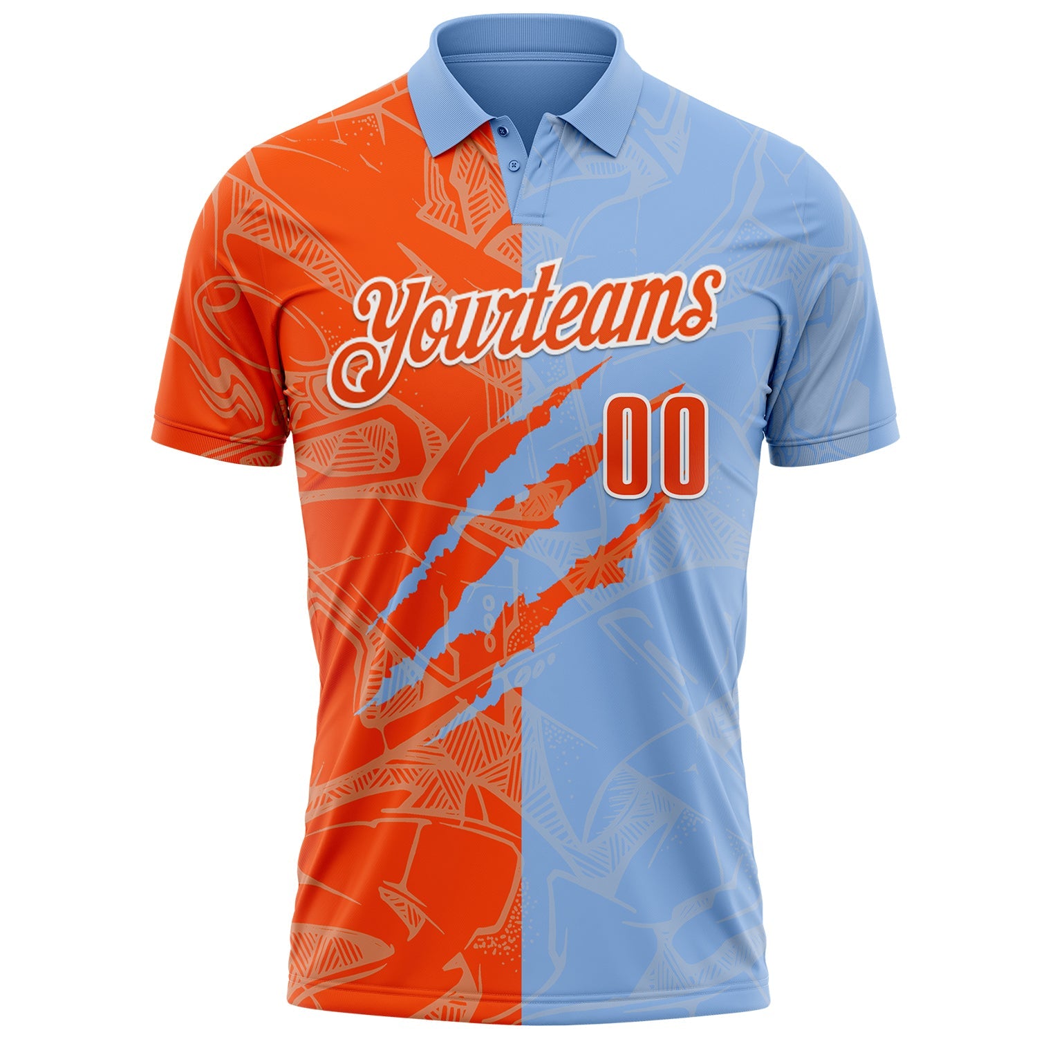 Custom Graffiti Pattern Orange Light Blue-White 3D Scratch Performance Polo Shirt view 2
