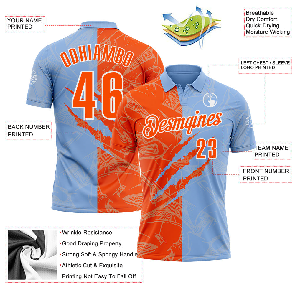 Custom Graffiti Pattern Orange Light Blue-White 3D Scratch Performance Polo Shirt view 3