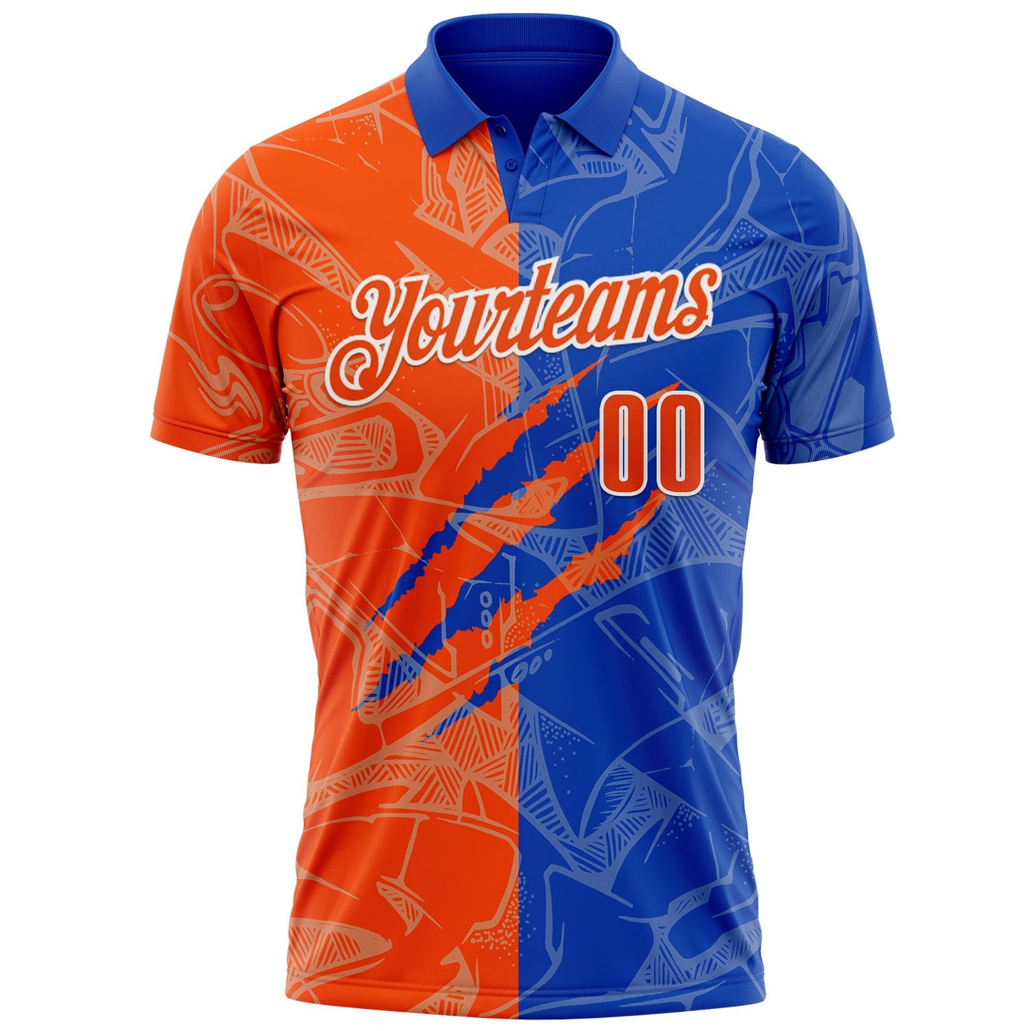 Custom Graffiti Pattern Orange Thunder Blue-White 3D Scratch Performance Polo Shirt view 2