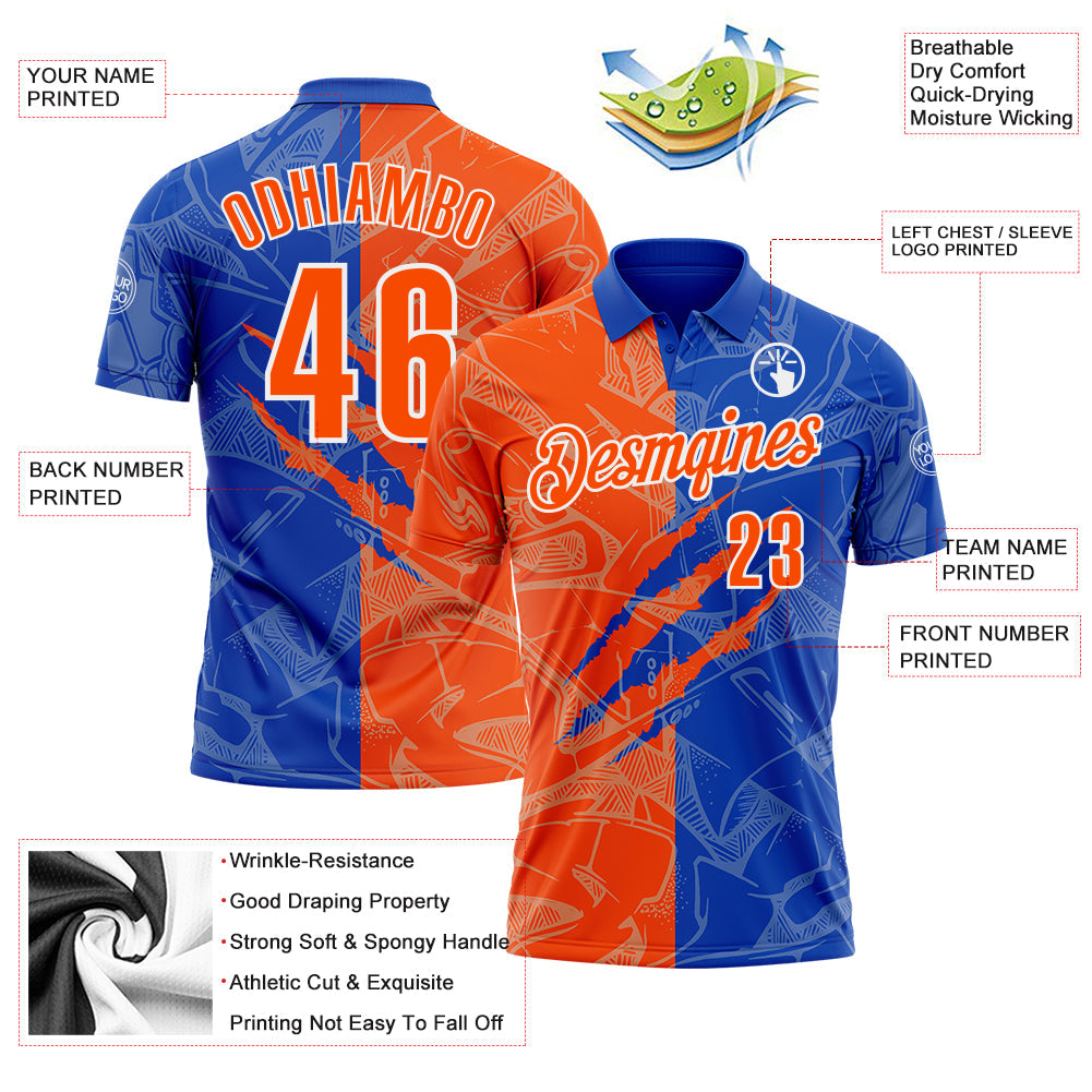 Custom Graffiti Pattern Orange Thunder Blue-White 3D Scratch Performance Polo Shirt view 3