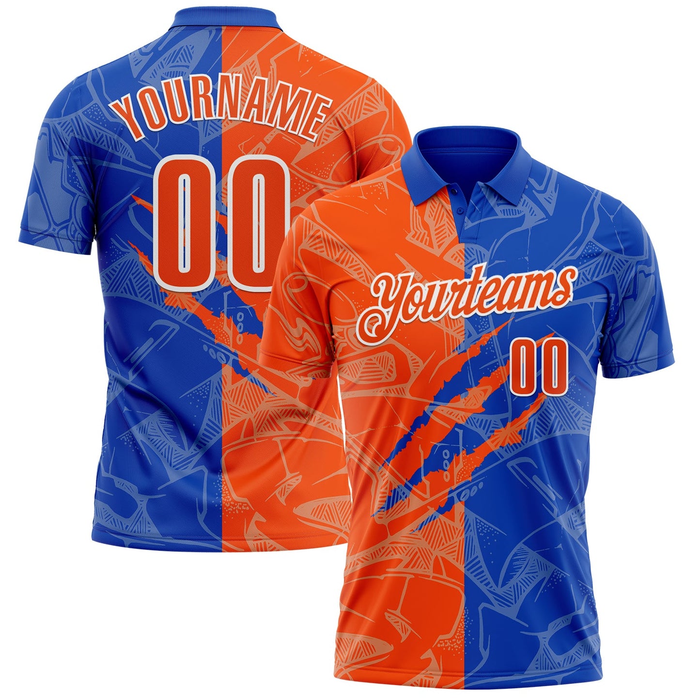 Custom Graffiti Pattern Orange Thunder Blue-White 3D Scratch Performance Polo Shirt - Main View