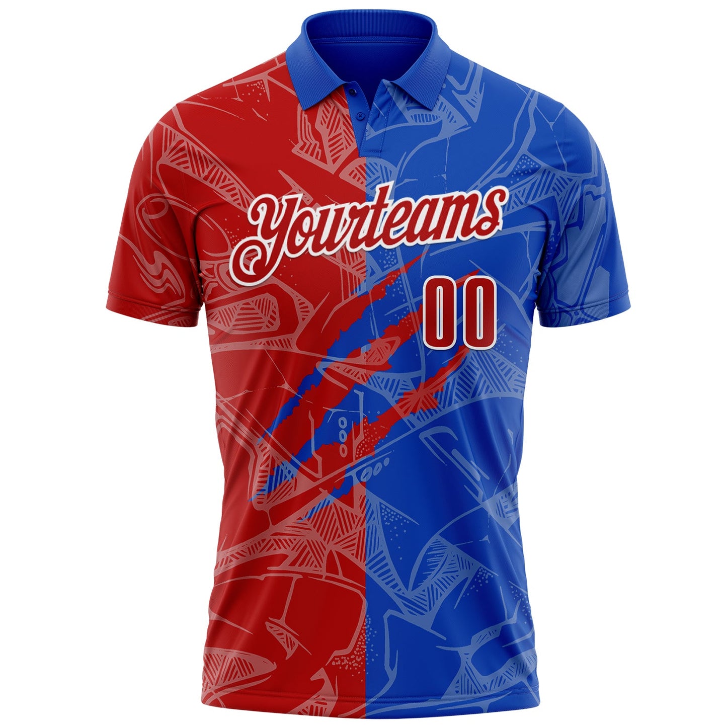 Custom Graffiti Pattern Red Thunder Blue-White 3D Scratch Performance Polo Shirt view 2
