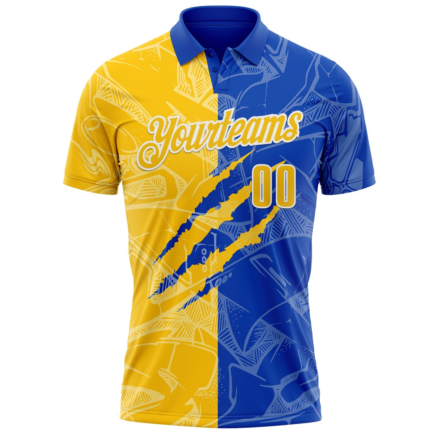 Custom Graffiti Pattern Yellow Thunder Blue-White 3D Scratch Performance Polo Shirt view 2