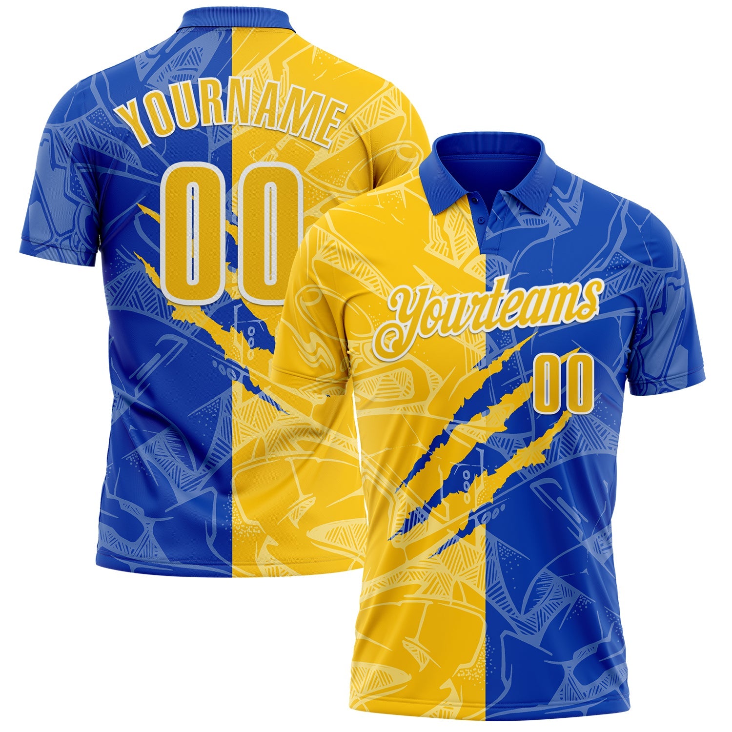Custom Graffiti Pattern Yellow Thunder Blue-White 3D Scratch Performance Polo Shirt - Main View