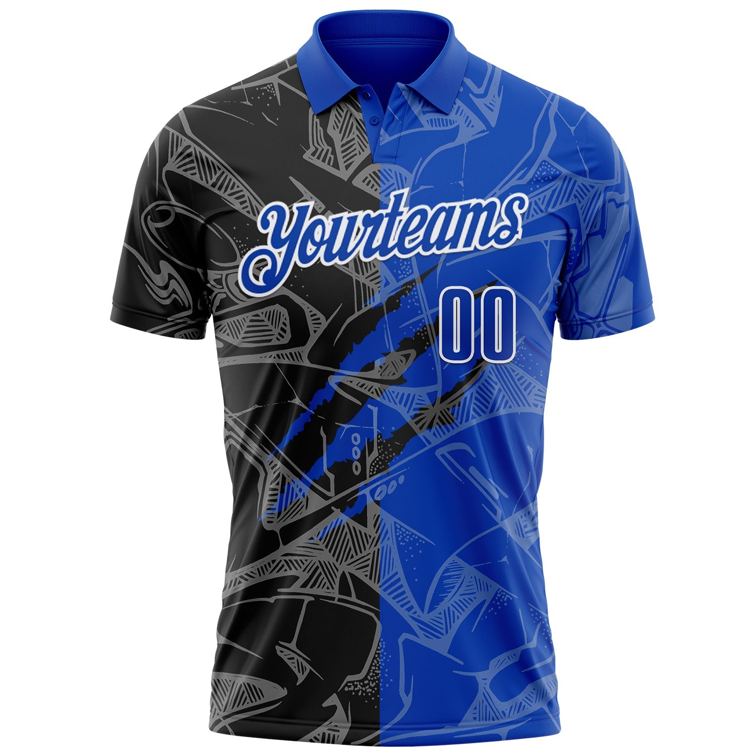 Custom Graffiti Pattern Thunder Blue Black-White 3D Scratch Performance Polo Shirt view 2