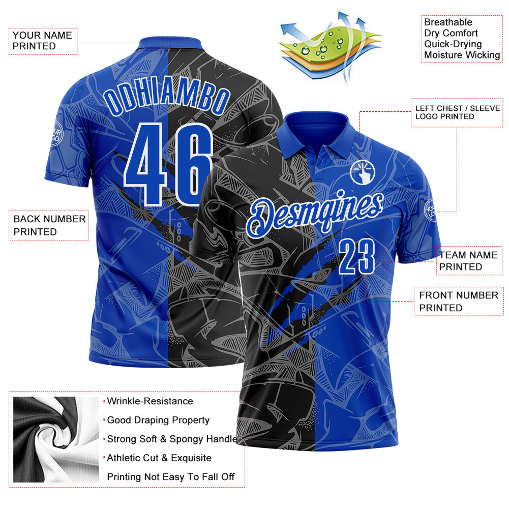 Custom Graffiti Pattern Thunder Blue Black-White 3D Scratch Performance Polo Shirt view 3