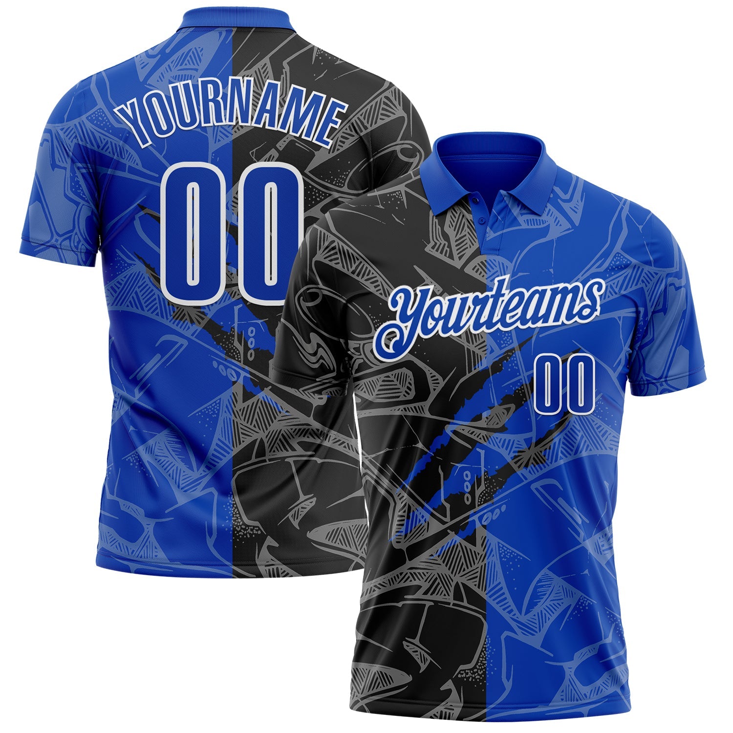 Custom Graffiti Pattern Thunder Blue Black-White 3D Scratch Performance Polo Shirt - Main View