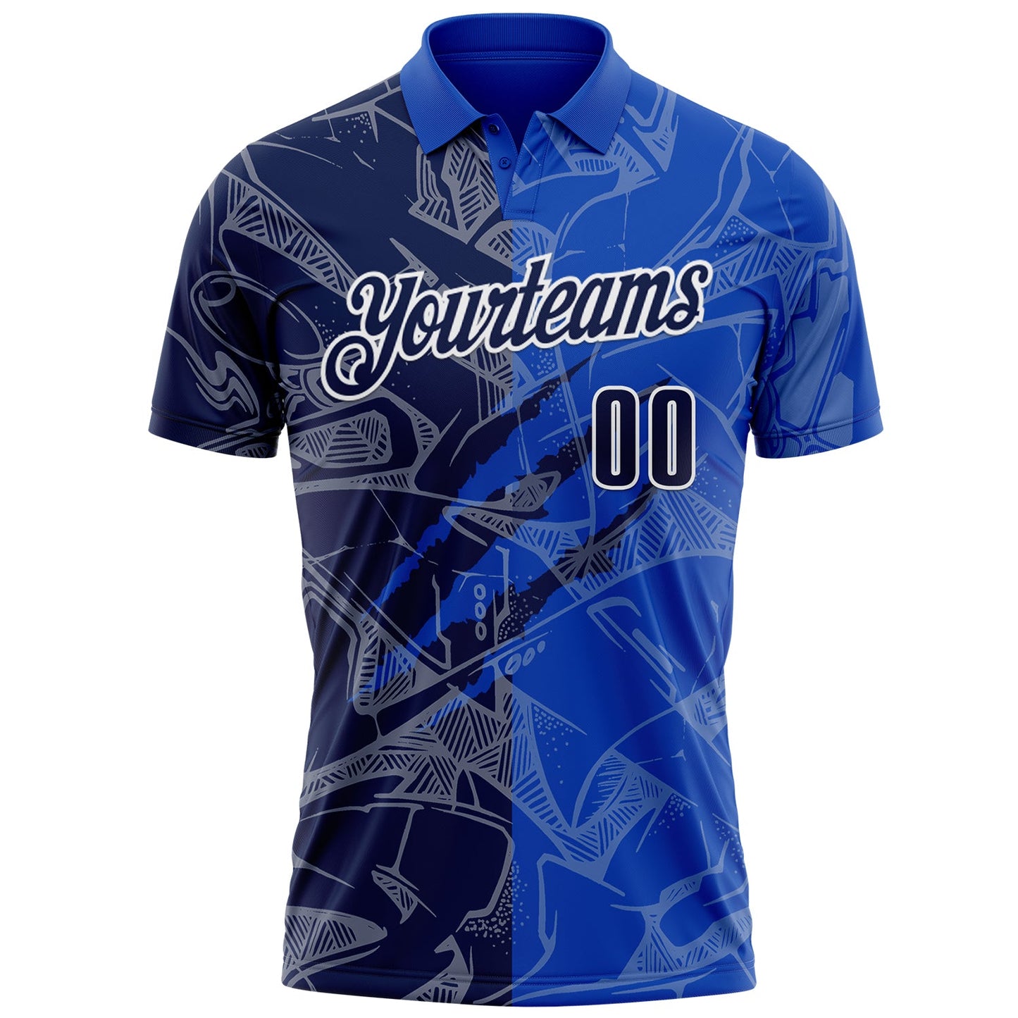 Custom Graffiti Pattern Navy Thunder Blue-White 3D Scratch Performance Polo Shirt view 2