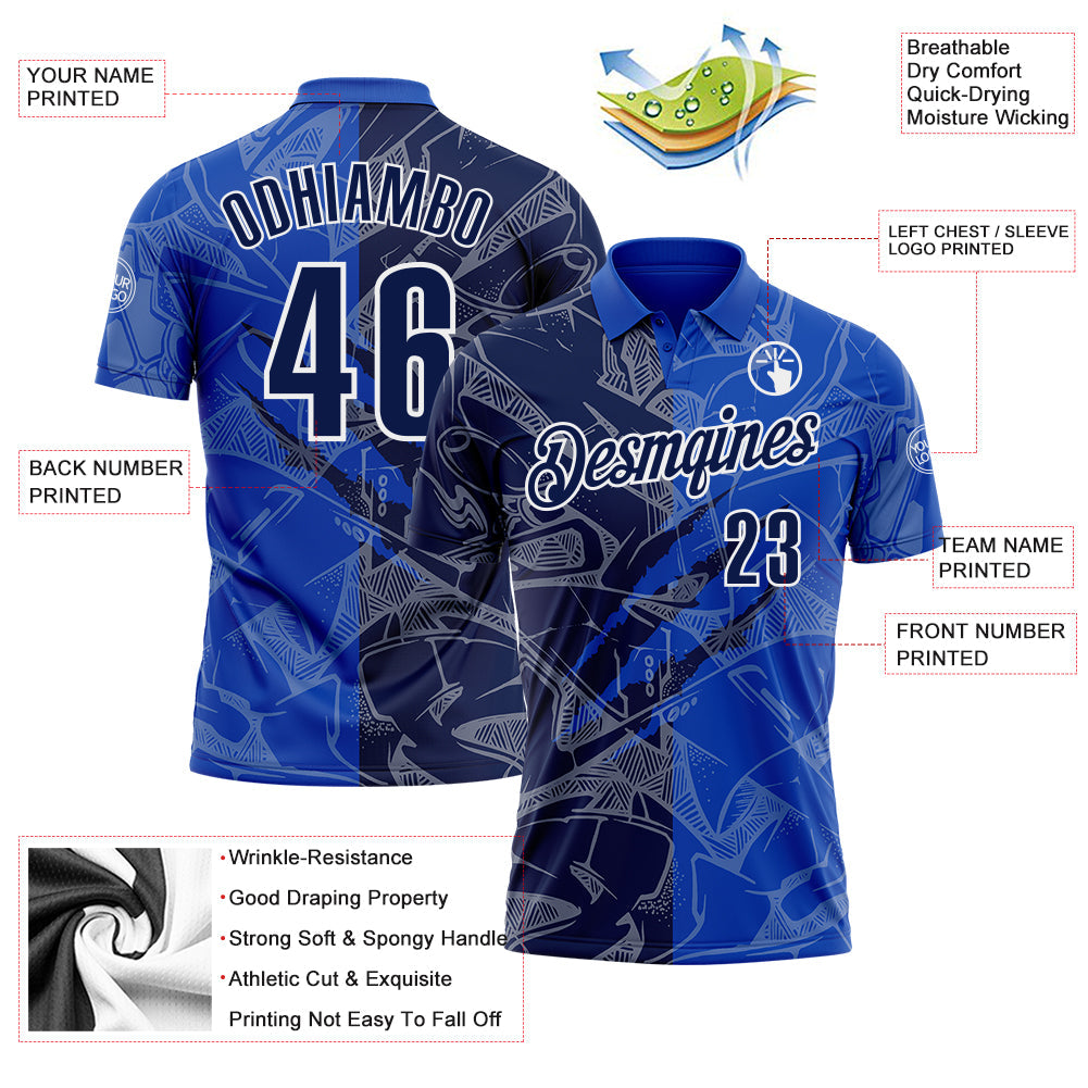 Custom Graffiti Pattern Navy Thunder Blue-White 3D Scratch Performance Polo Shirt view 3