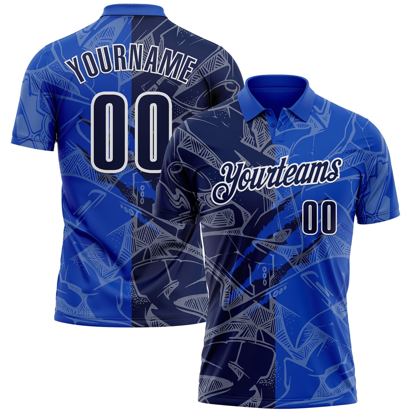 Custom Graffiti Pattern Navy Thunder Blue-White 3D Scratch Performance Polo Shirt - Main View