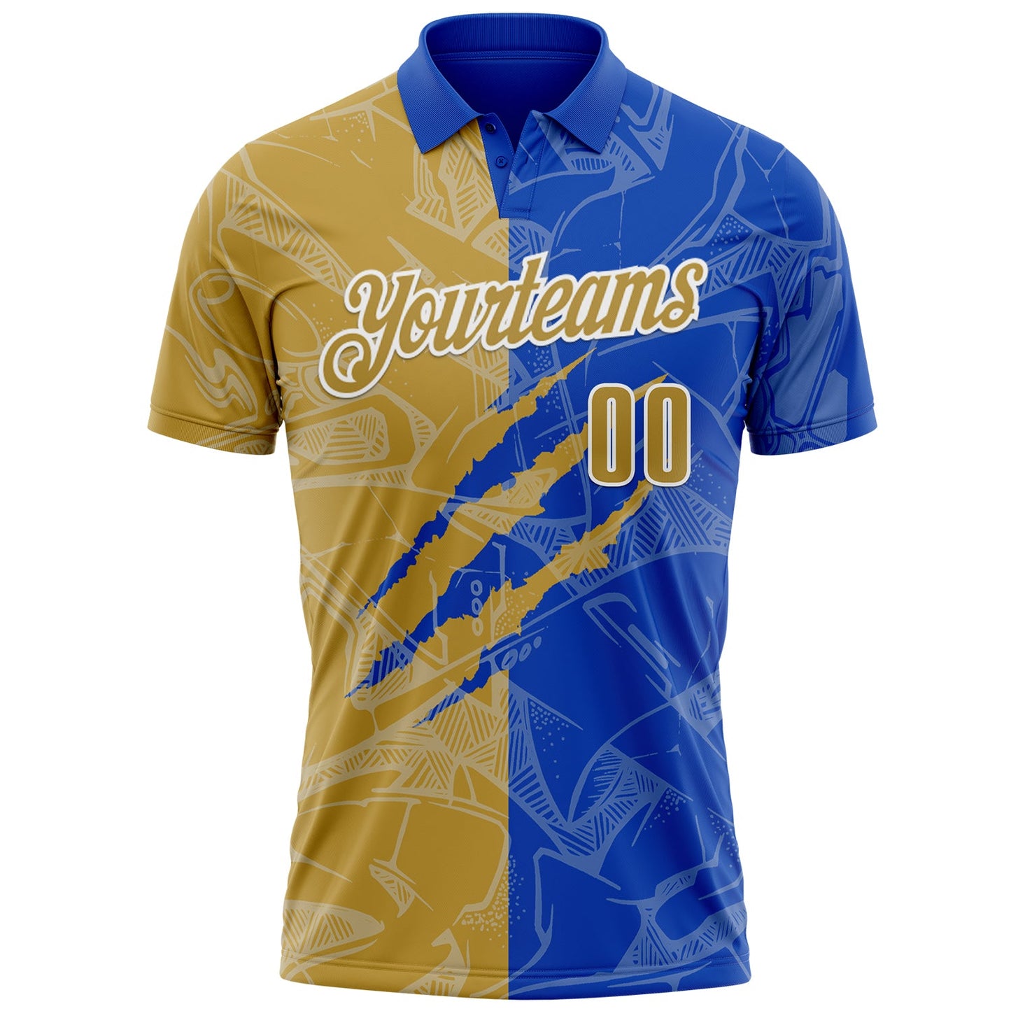 Custom Graffiti Pattern Old Gold Thunder Blue-White 3D Scratch Performance Polo Shirt view 2