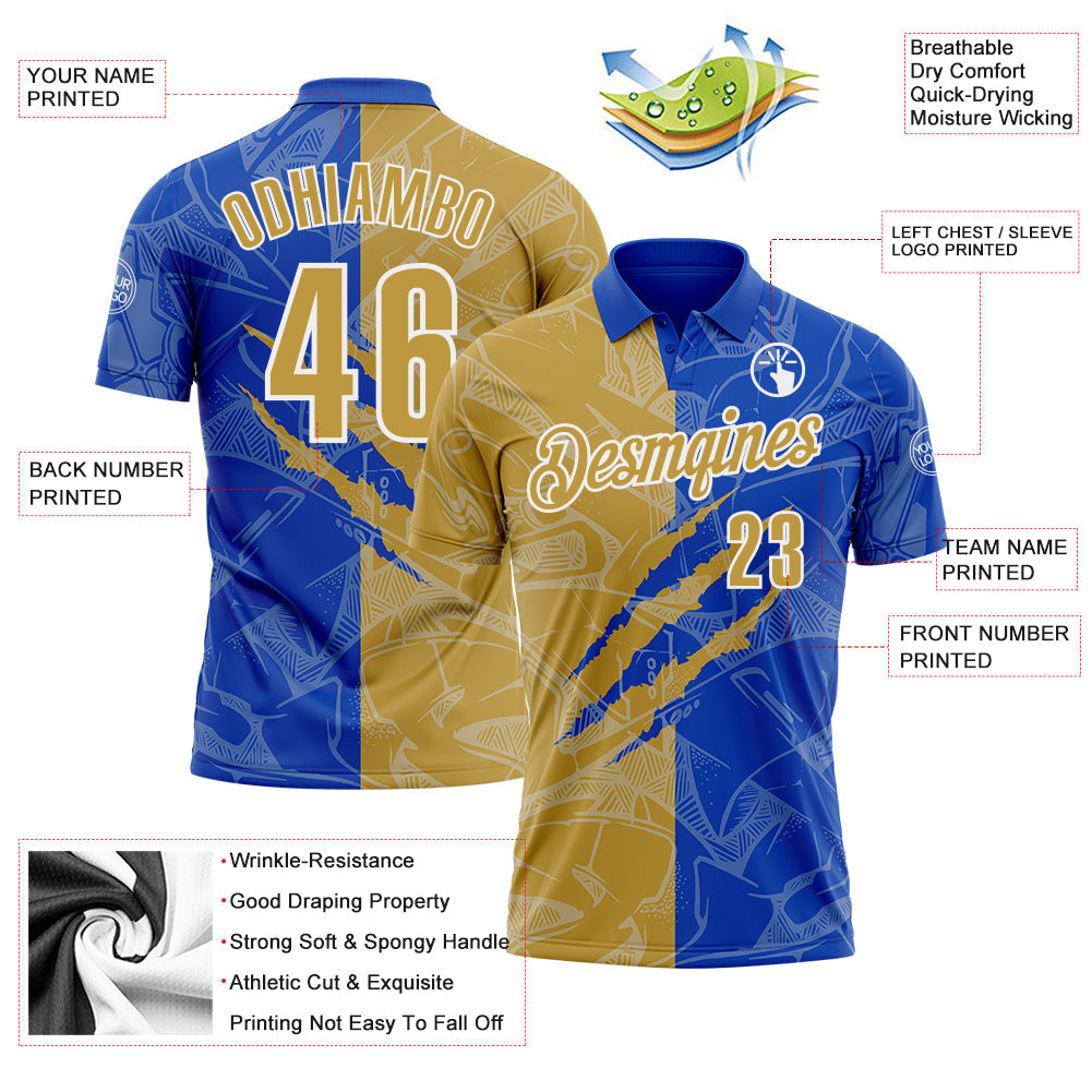 Custom Graffiti Pattern Old Gold Thunder Blue-White 3D Scratch Performance Polo Shirt view 3