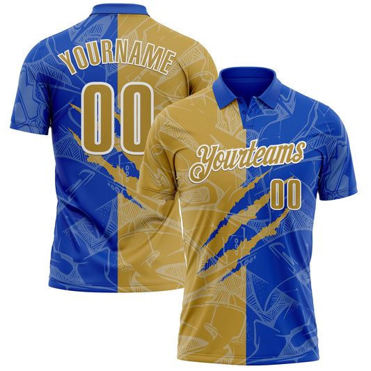 Custom Graffiti Pattern Old Gold Thunder Blue-White 3D Scratch Performance Polo Shirt - Main View