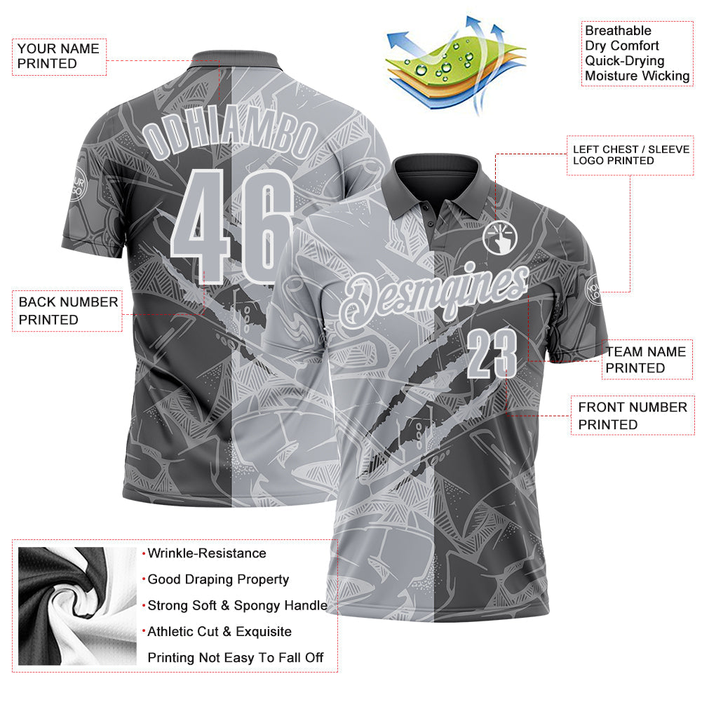 Custom Graffiti Pattern Gray Steel Gray-White 3D Scratch Performance Polo Shirt view 3