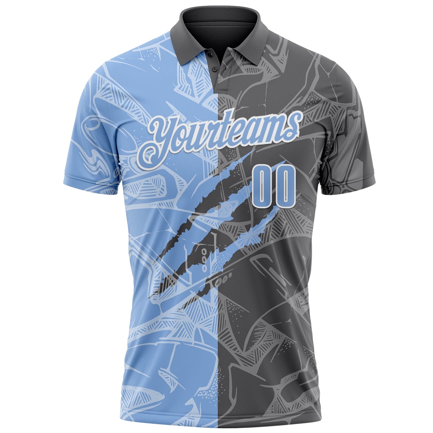 Custom Graffiti Pattern Light Blue Steel Gray-White 3D Scratch Performance Polo Shirt view 2