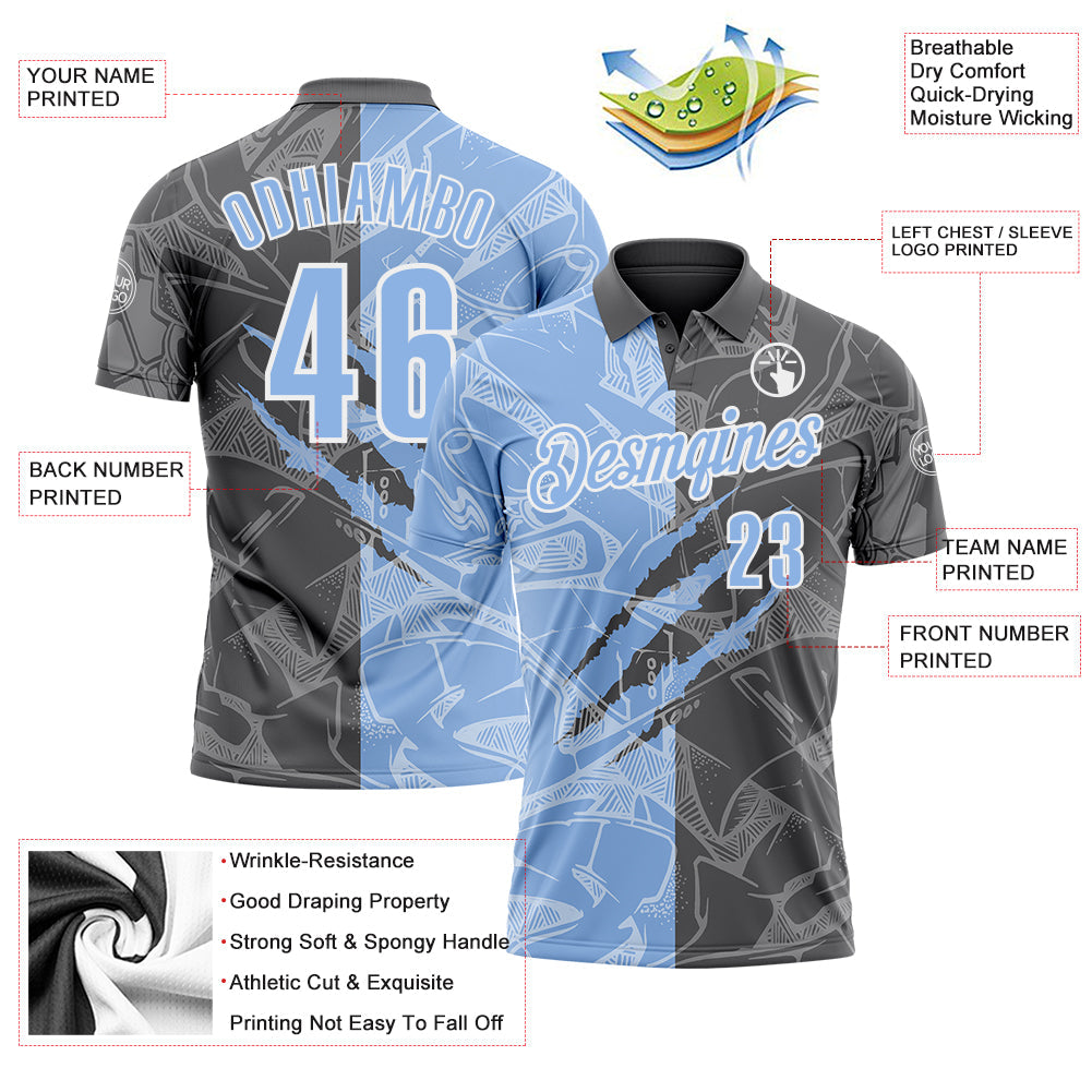 Custom Graffiti Pattern Light Blue Steel Gray-White 3D Scratch Performance Polo Shirt view 3