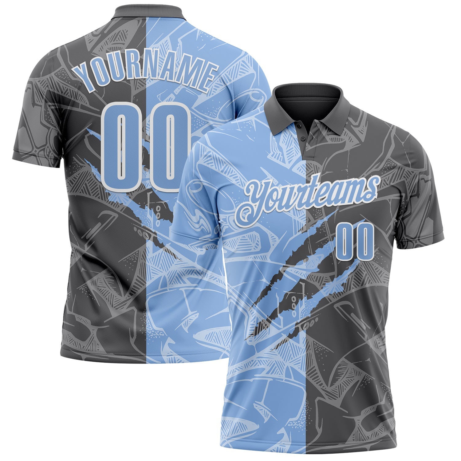 Custom Graffiti Pattern Light Blue Steel Gray-White 3D Scratch Performance Polo Shirt - Main View