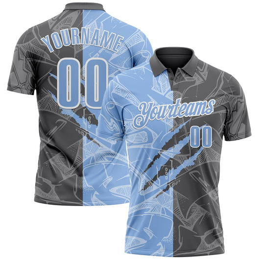 Custom Graffiti Pattern Light Blue Steel Gray-White 3D Scratch Performance Polo Shirt - Main View