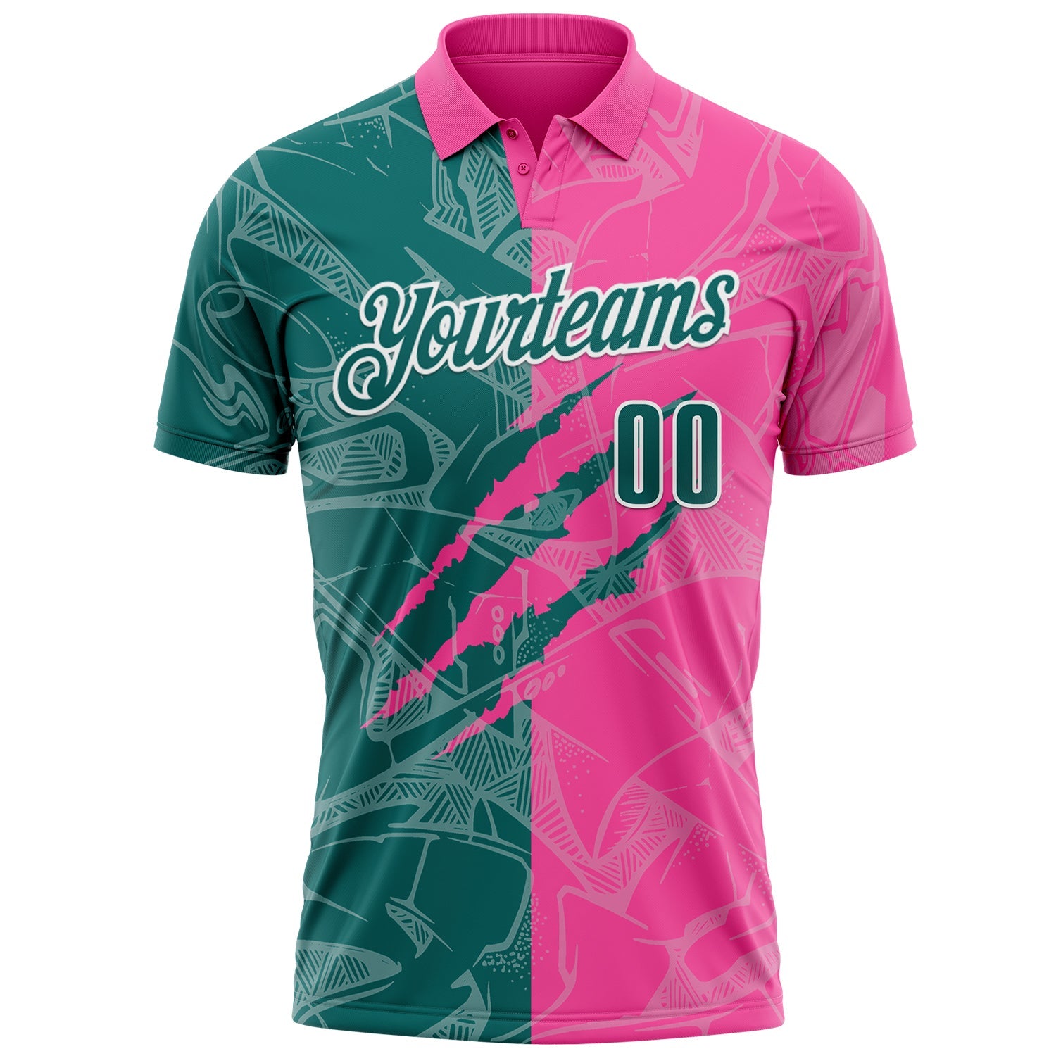 Custom Graffiti Pattern Teal Pink-White 3D Scratch Performance Polo Shirt view 2