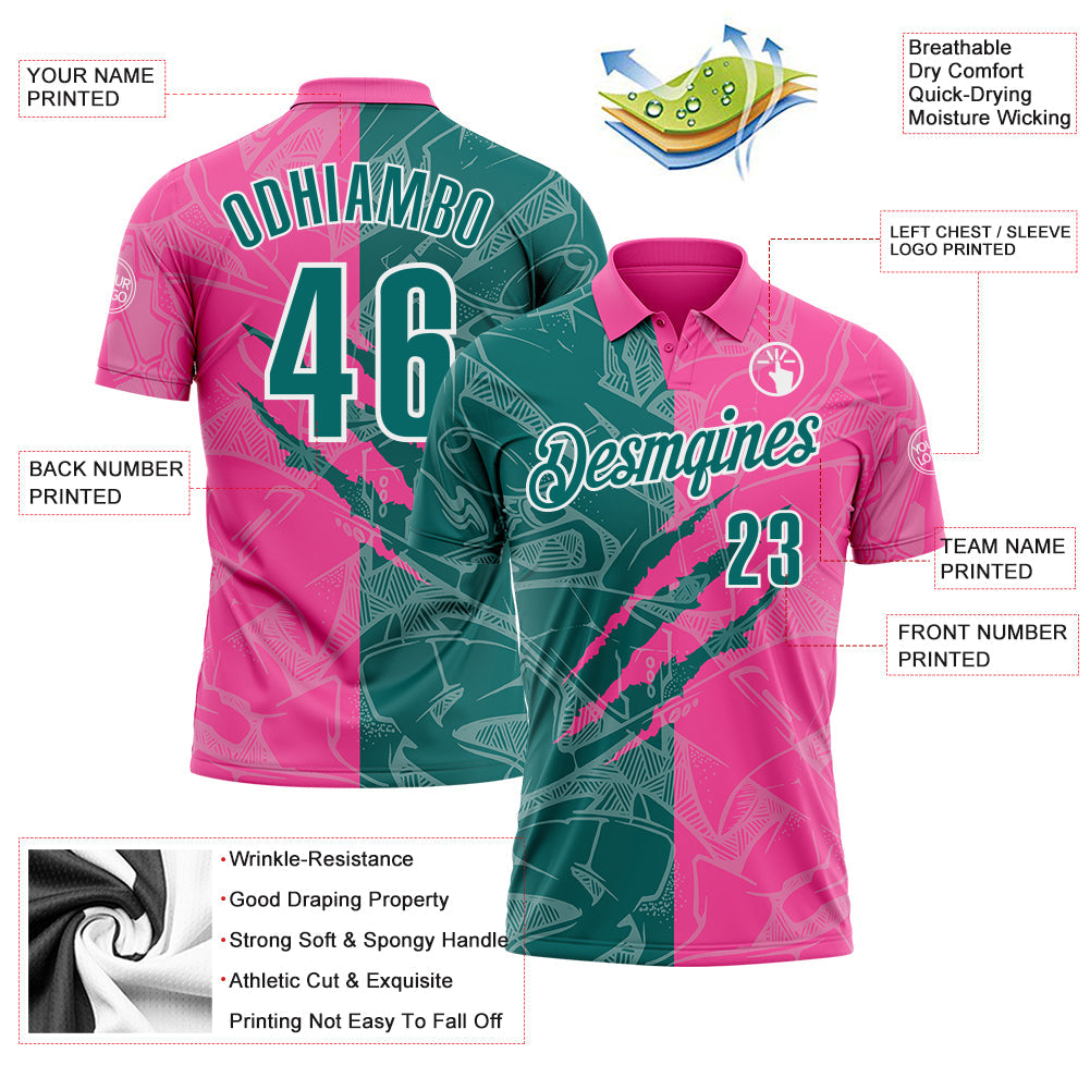 Custom Graffiti Pattern Teal Pink-White 3D Scratch Performance Polo Shirt view 3