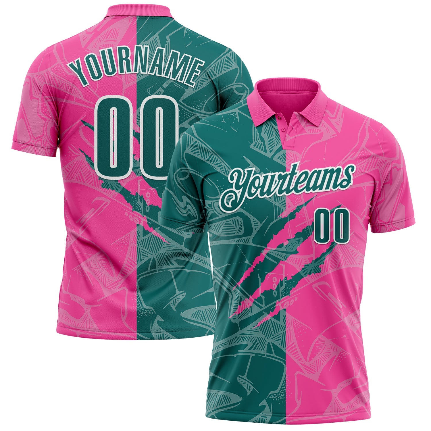 Custom Graffiti Pattern Teal Pink-White 3D Scratch Performance Polo Shirt - Main View
