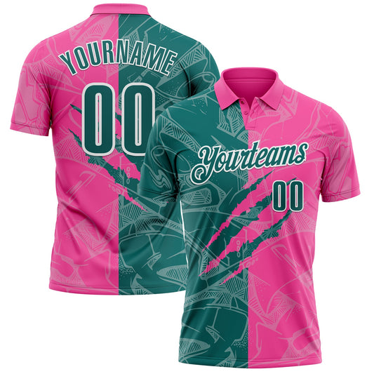 Custom Graffiti Pattern Teal Pink-White 3D Scratch Performance Polo Shirt - Main View