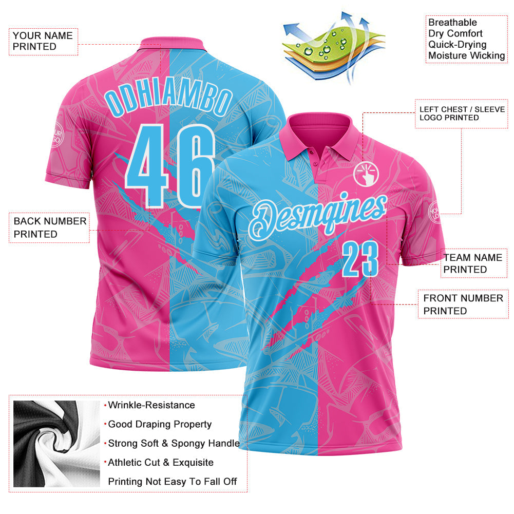 Custom Graffiti Pattern Sky Blue Pink-White 3D Scratch Performance Polo Shirt view 3