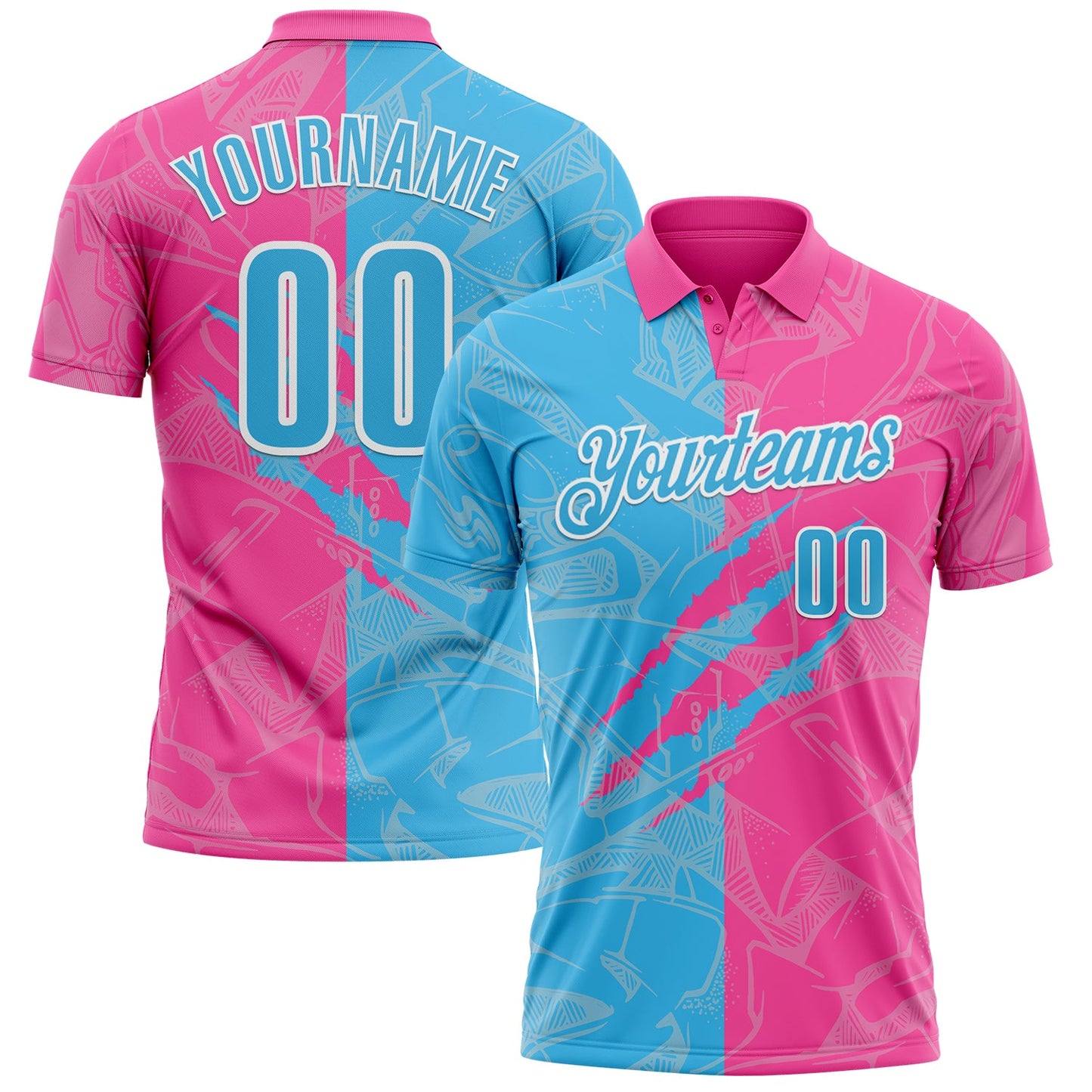 Custom Graffiti Pattern Sky Blue Pink-White 3D Scratch Performance Polo Shirt - Main View