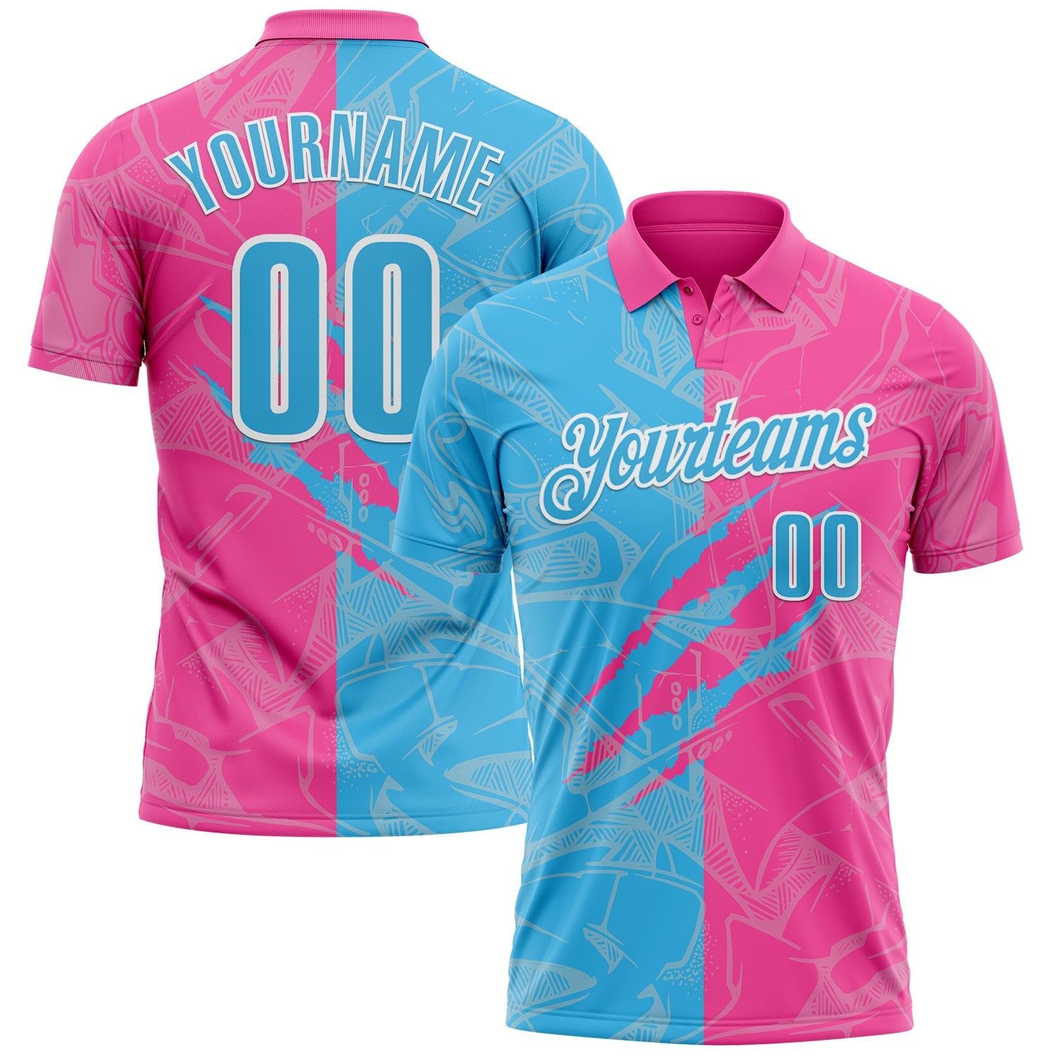 Custom Graffiti Pattern Sky Blue Pink-White 3D Scratch Performance Polo Shirt - Main View