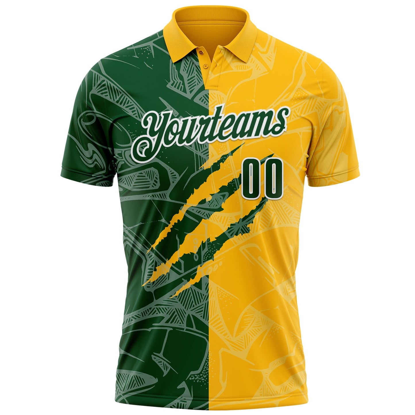 Custom Graffiti Pattern Green Gold-White 3D Scratch Performance Polo Shirt view 2