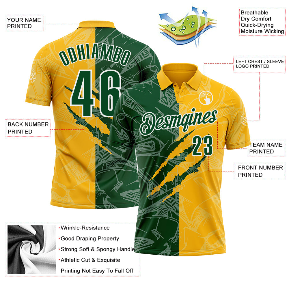 Custom Graffiti Pattern Green Gold-White 3D Scratch Performance Polo Shirt view 3